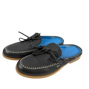 Free People Seas The Day Moccasin Black Leather Mule Loafers Stitched Tie Sz 7